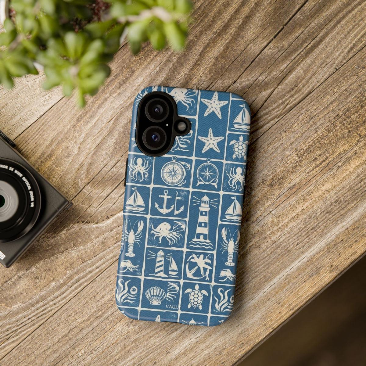 Nautical Tile Phone Case — Blue Coastal Icons (lighthouse, anchor, seashells)