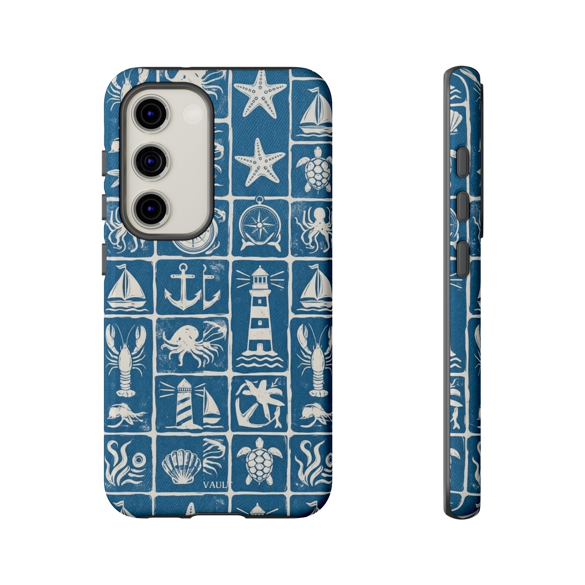 Nautical Tile Phone Case — Blue Coastal Icons (lighthouse, anchor, seashells)