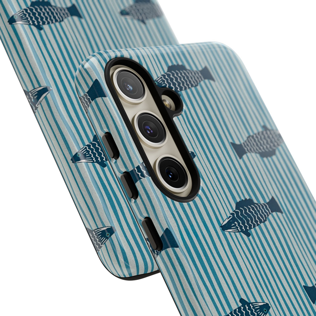 Fish Pattern Tough Phone Case — Blue Striped Ocean Design