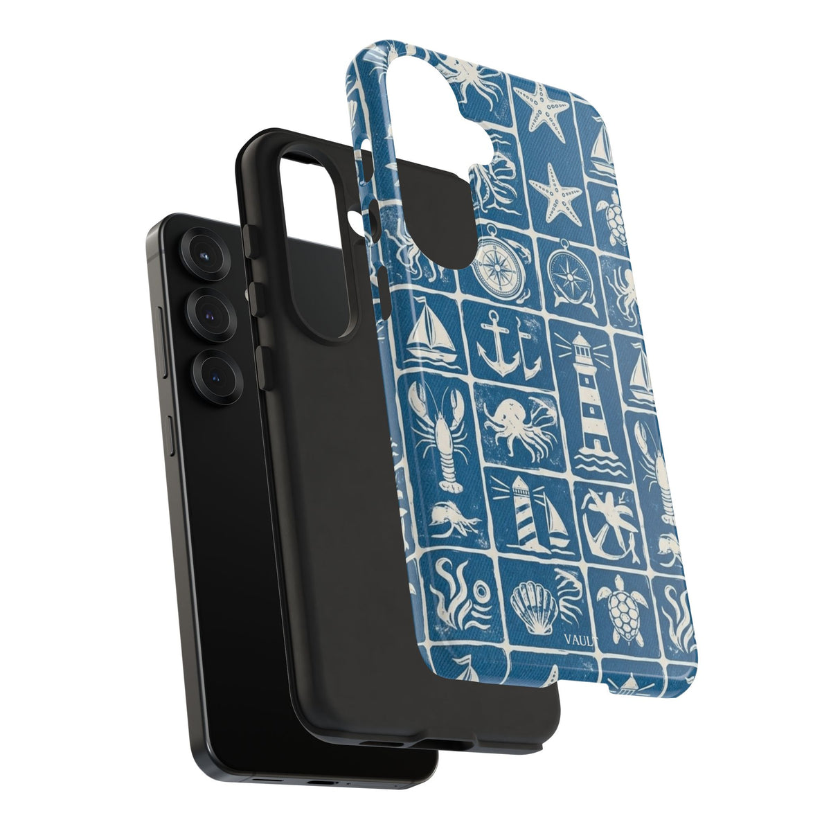 Nautical Tile Phone Case — Blue Coastal Icons (lighthouse, anchor, seashells)