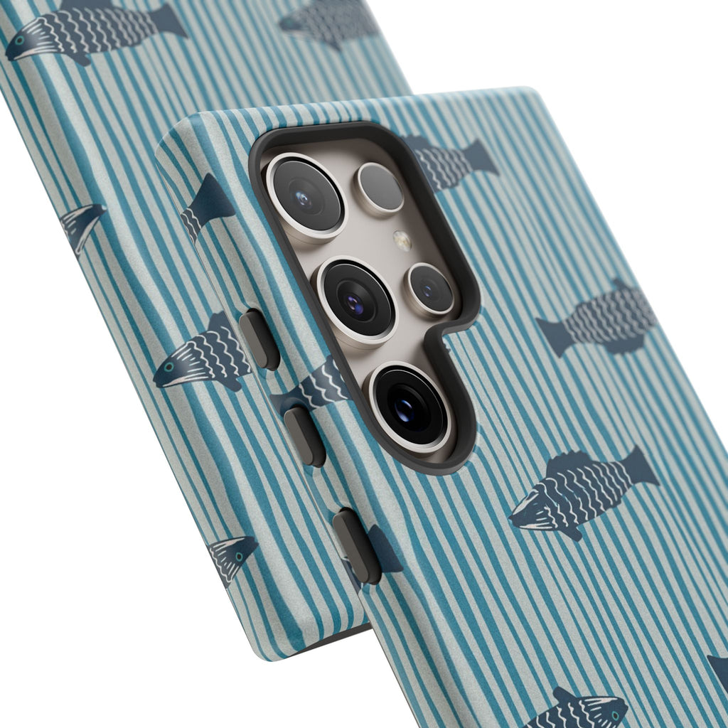 Fish Pattern Tough Phone Case — Blue Striped Ocean Design