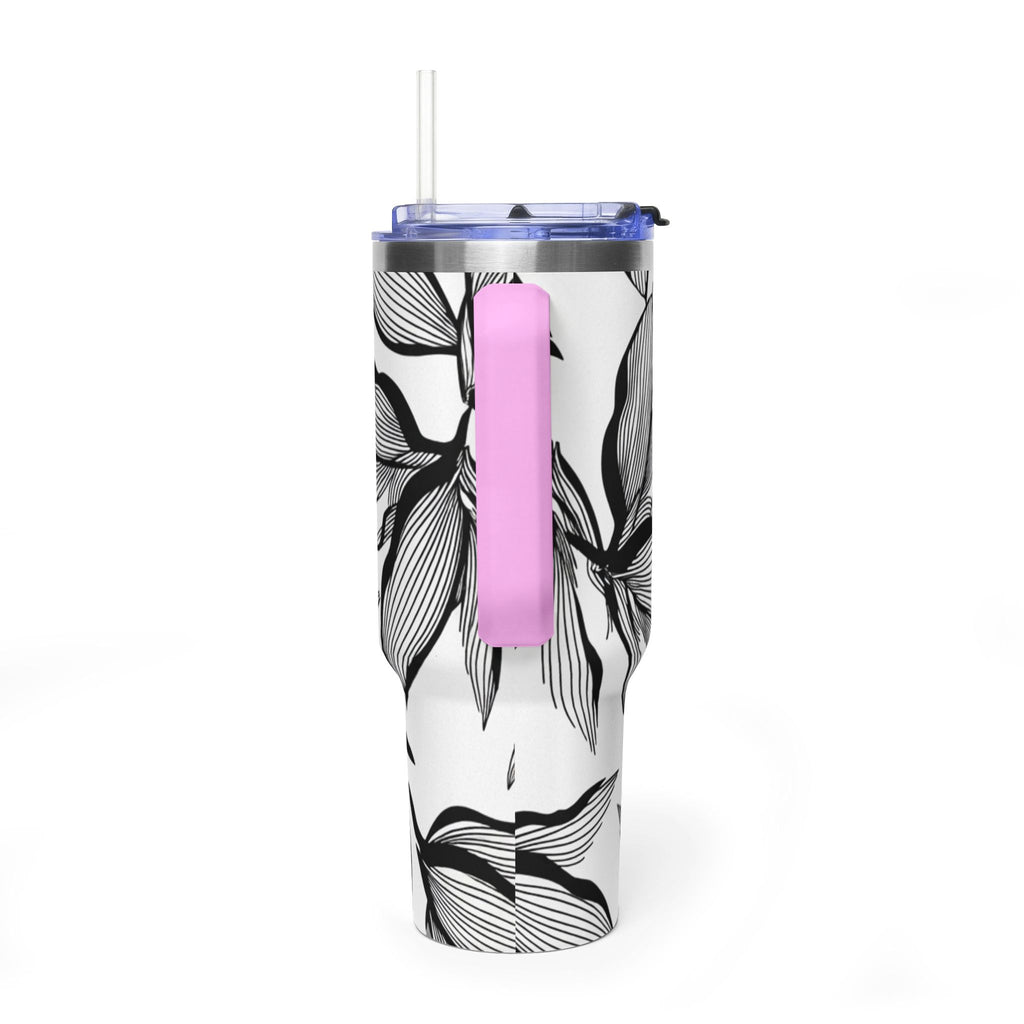 40oz Floral Thermal Tumbler – Black & White Leaf Pattern Vacuum Insulated
