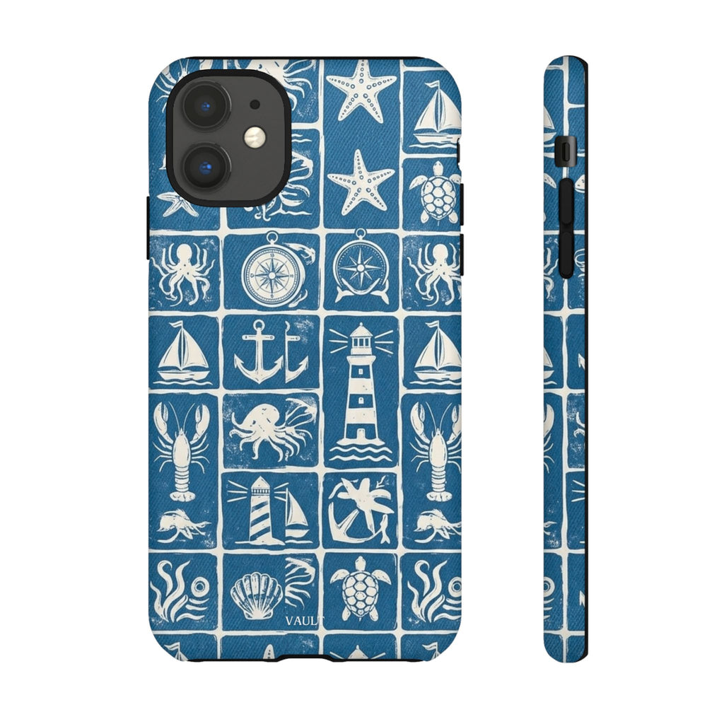 Nautical Tile Phone Case — Blue Coastal Icons (lighthouse, anchor, seashells)