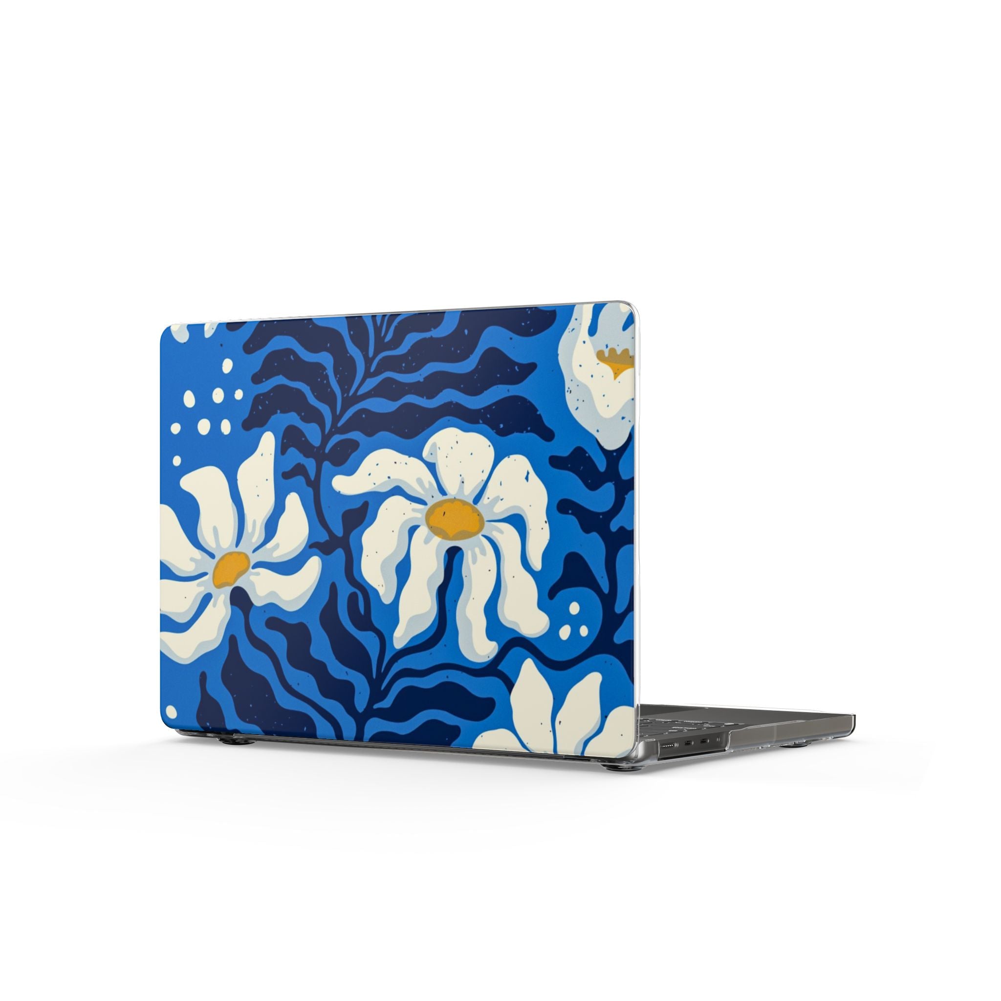 Blue Floral MacBook Case — Bold White Daisies Laptop Cover