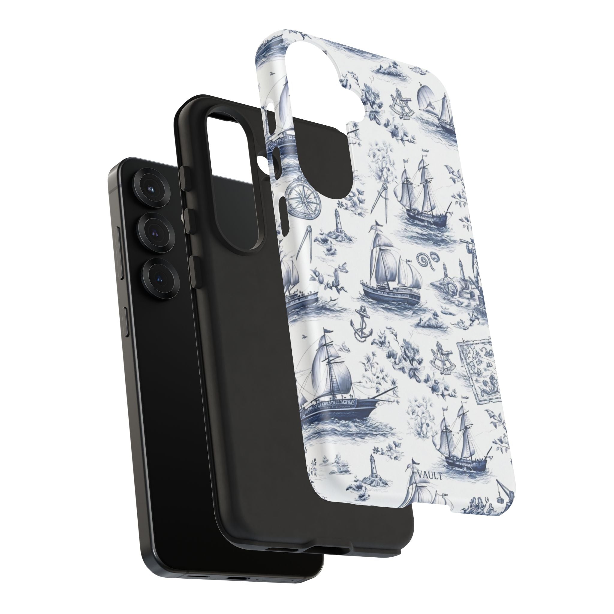 Nautical Vintage Ship Tough Phone Case — Blue Toile Sailboat Pattern