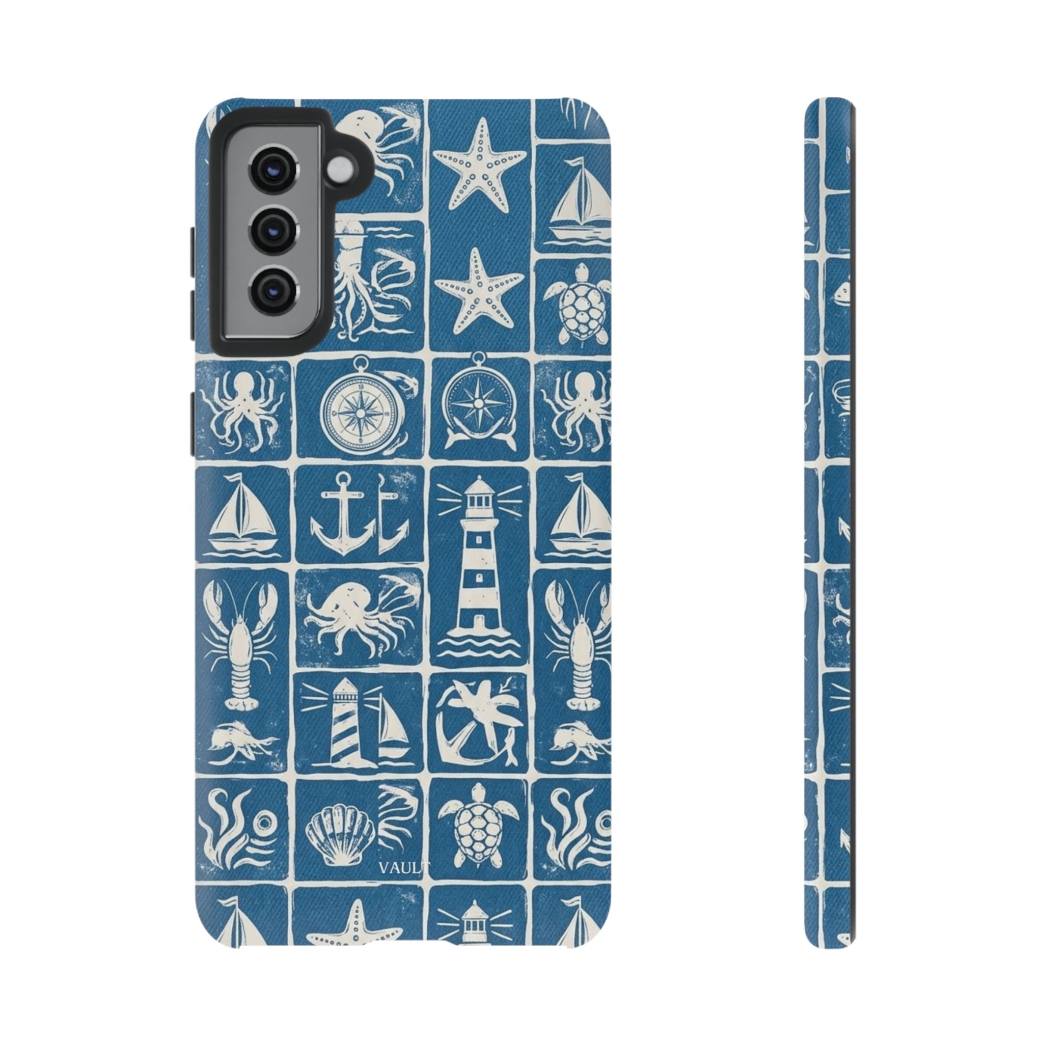 Nautical Tile Phone Case — Blue Coastal Icons (lighthouse, anchor, seashells)