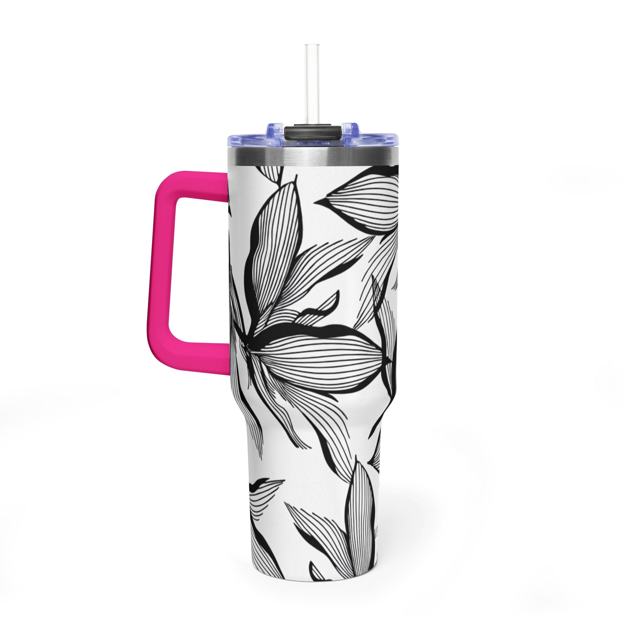 40oz Floral Thermal Tumbler – Black & White Leaf Pattern Vacuum Insulated