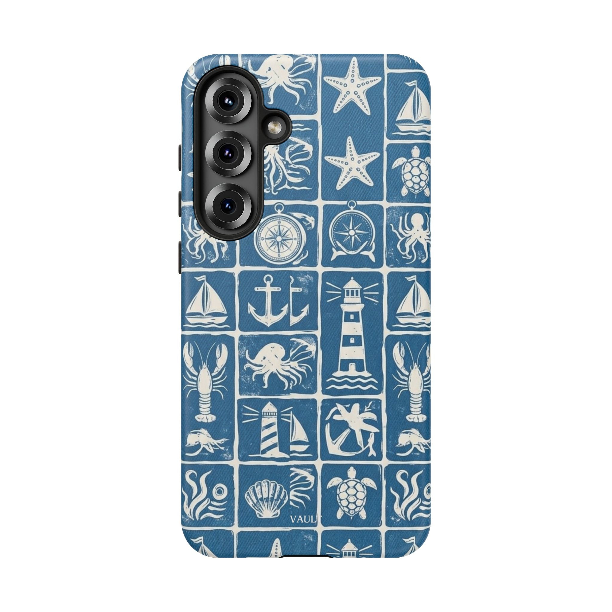 Nautical Tile Phone Case — Blue Coastal Icons (lighthouse, anchor, seashells)
