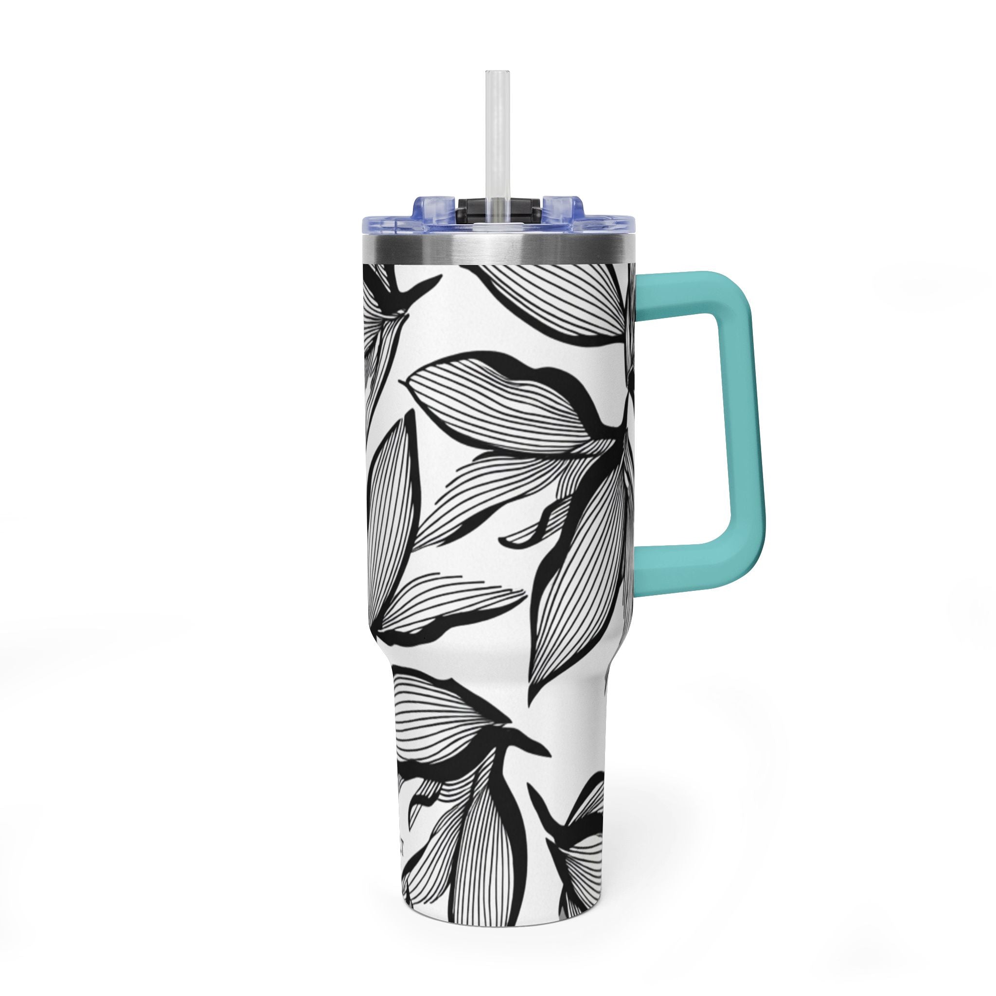 40oz Floral Thermal Tumbler – Black & White Leaf Pattern Vacuum Insulated