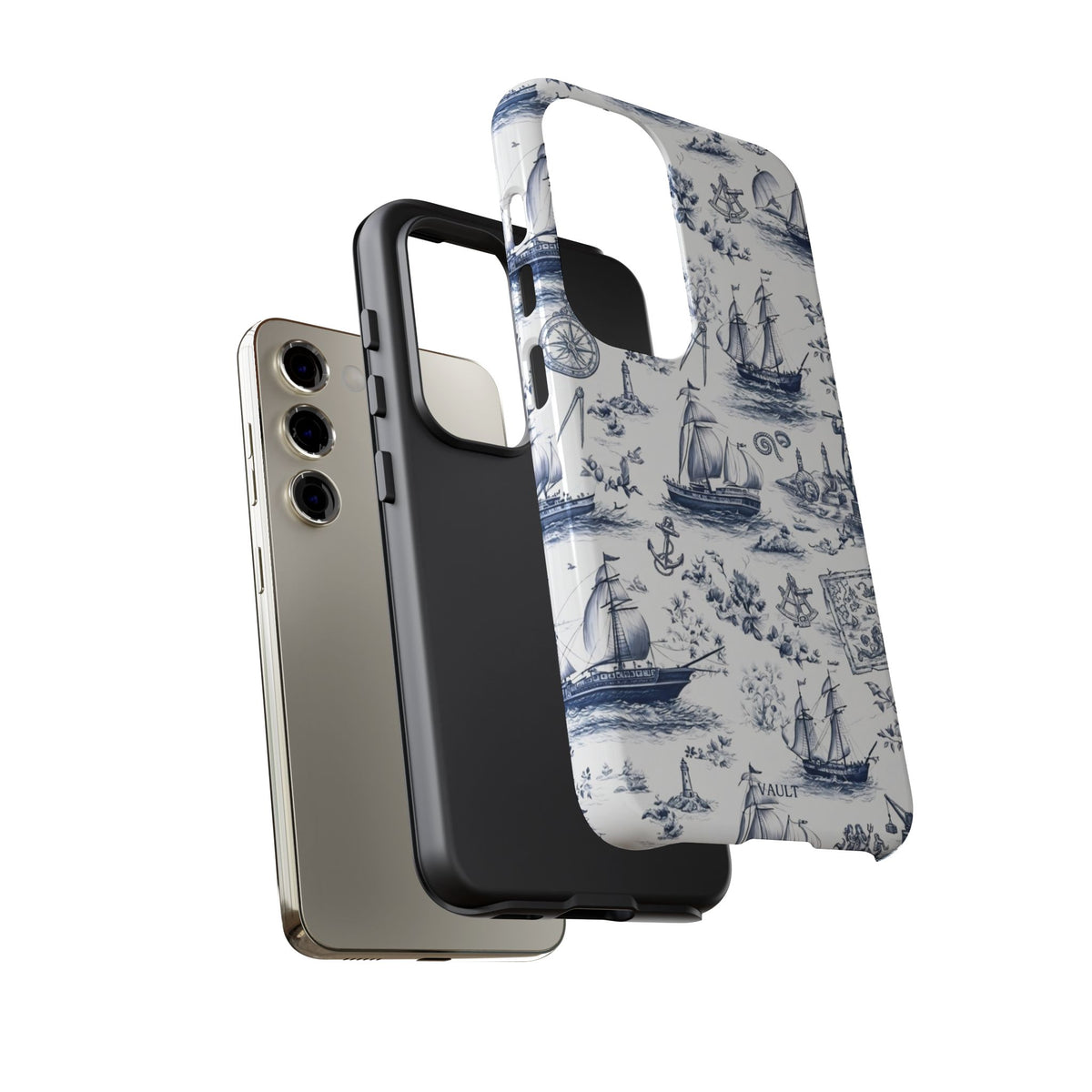 Nautical Vintage Ship Tough Phone Case — Blue Toile Sailboat Pattern