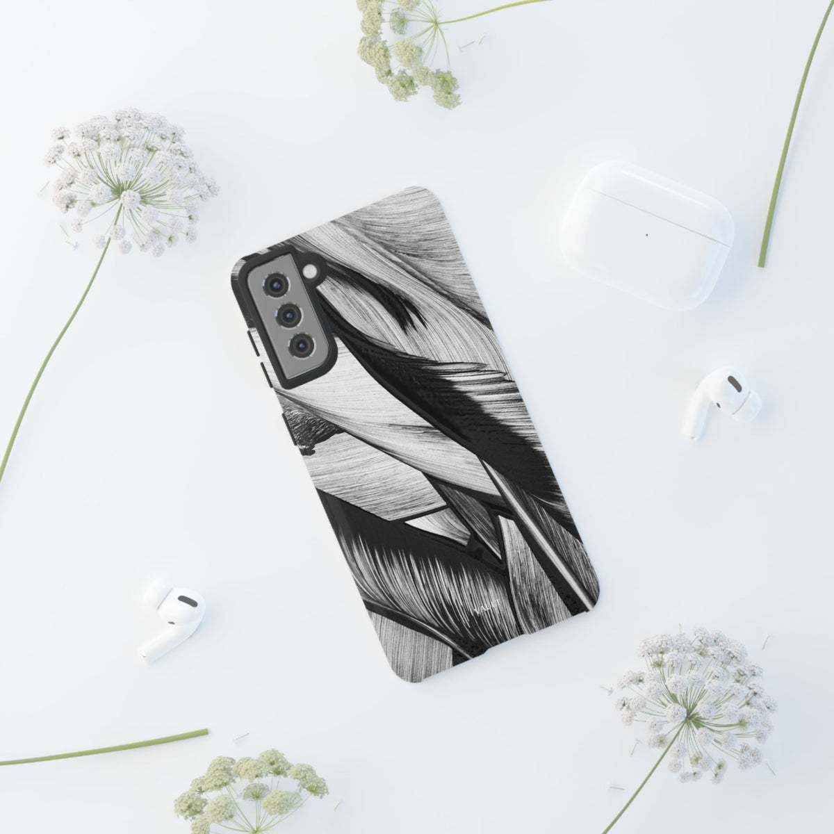 Monochrome Tropical Leaf Tough Phone Case — Black & White Botanical Protective Cover