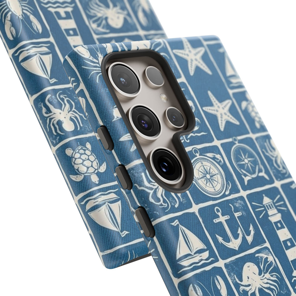 Nautical Tile Phone Case — Blue Coastal Icons (lighthouse, anchor, seashells)