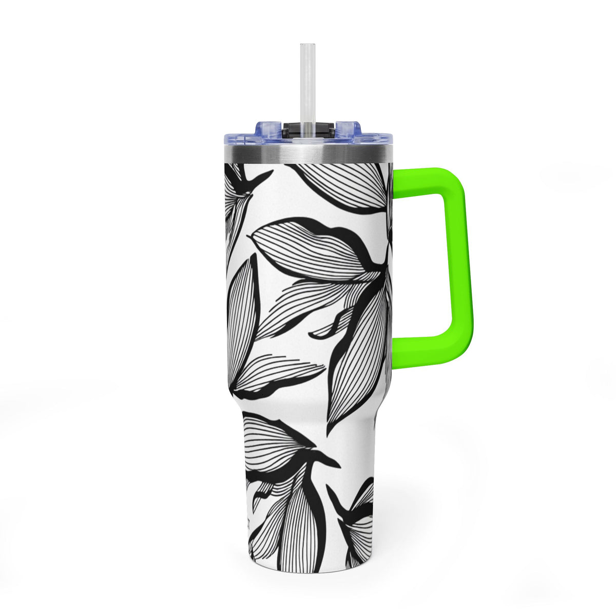 40oz Floral Thermal Tumbler – Black & White Leaf Pattern Vacuum Insulated