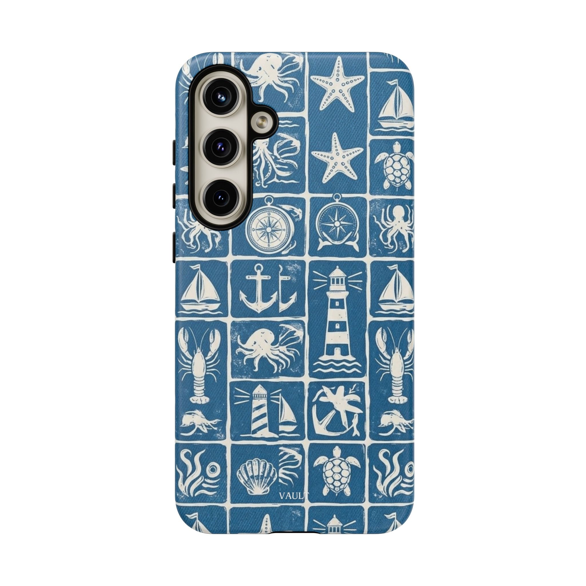 Nautical Tile Phone Case — Blue Coastal Icons (lighthouse, anchor, seashells)
