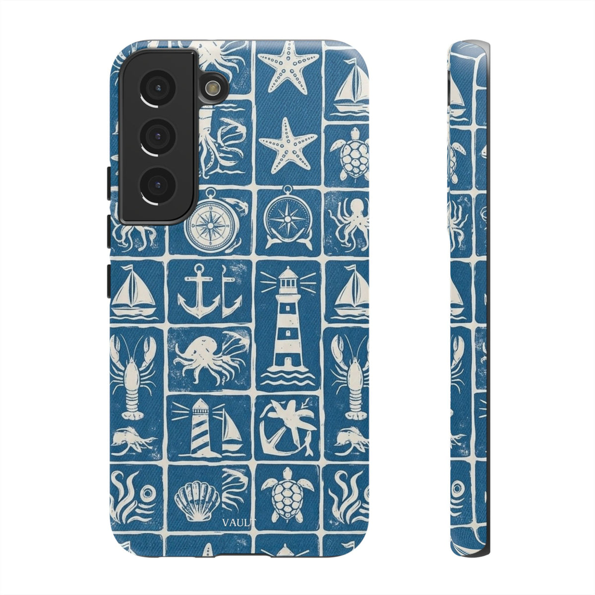 Nautical Tile Phone Case — Blue Coastal Icons (lighthouse, anchor, seashells)