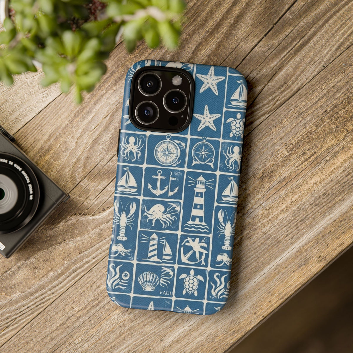 Nautical Tile Phone Case — Blue Coastal Icons (lighthouse, anchor, seashells)