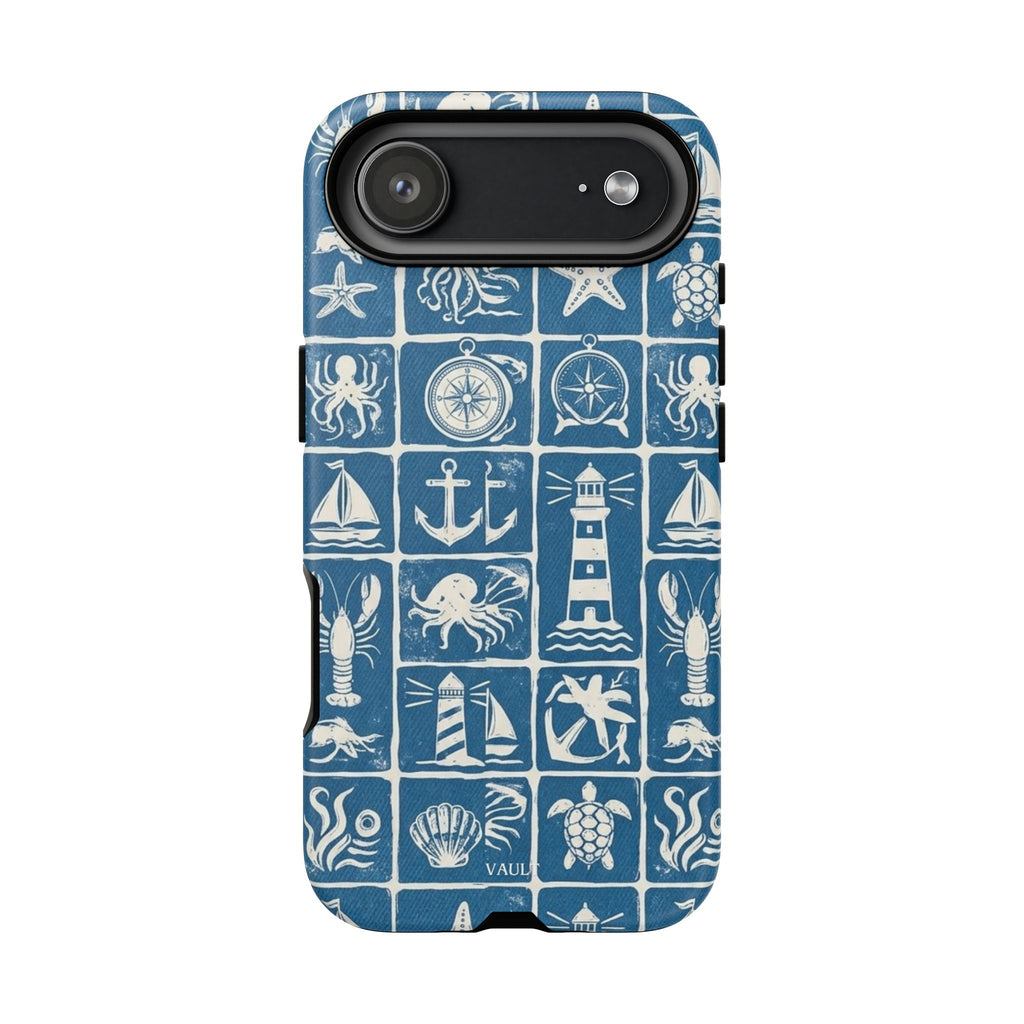 Nautical Tile Phone Case — Blue Coastal Icons (lighthouse, anchor, seashells)