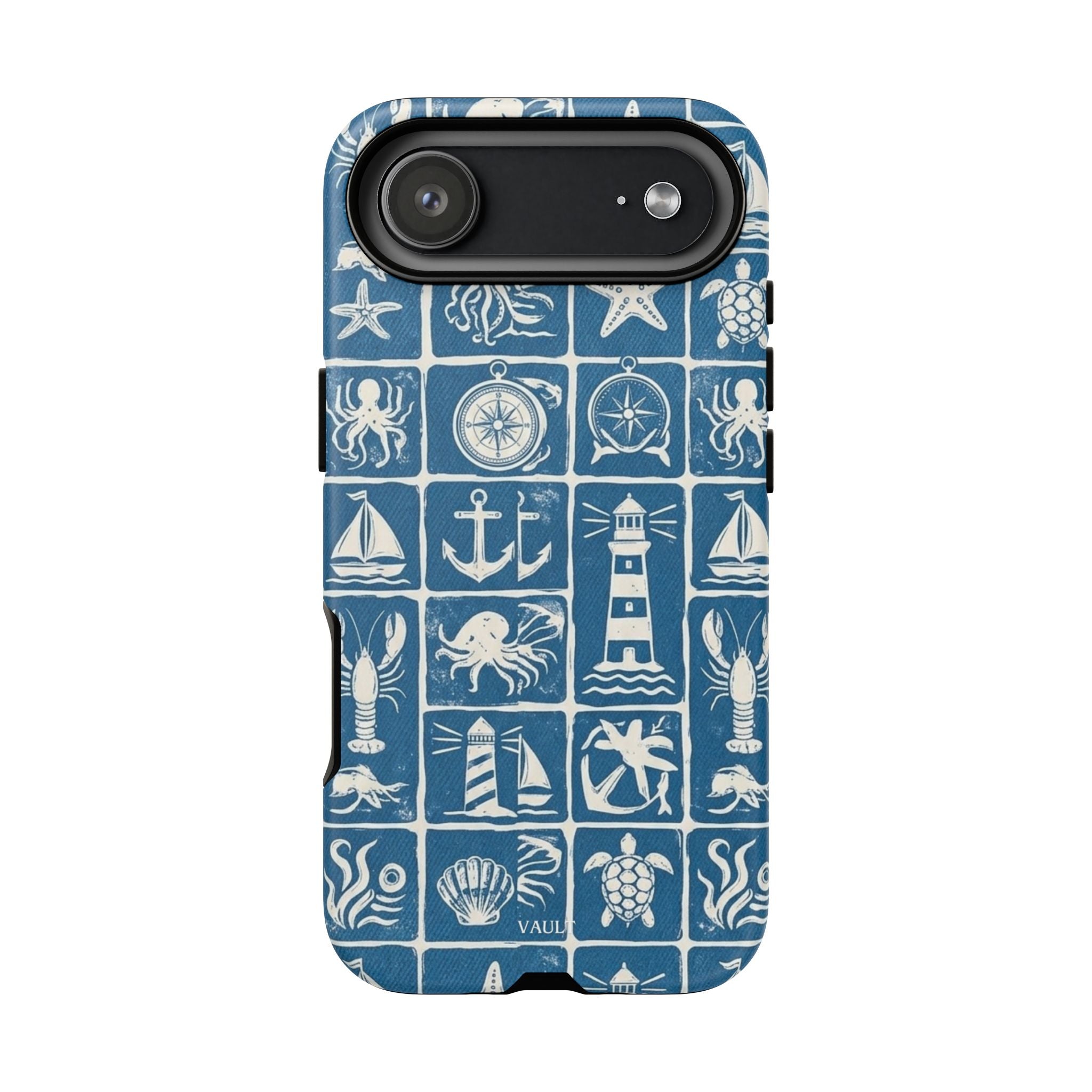 Nautical Tile Phone Case — Blue Coastal Icons (lighthouse, anchor, seashells)