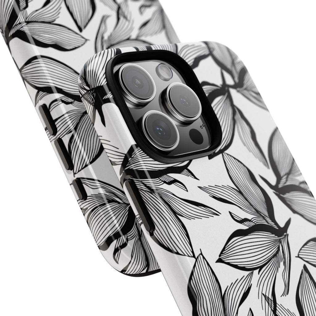 Floral Leaves Tough Phone Case – Black & White Botanical Protection