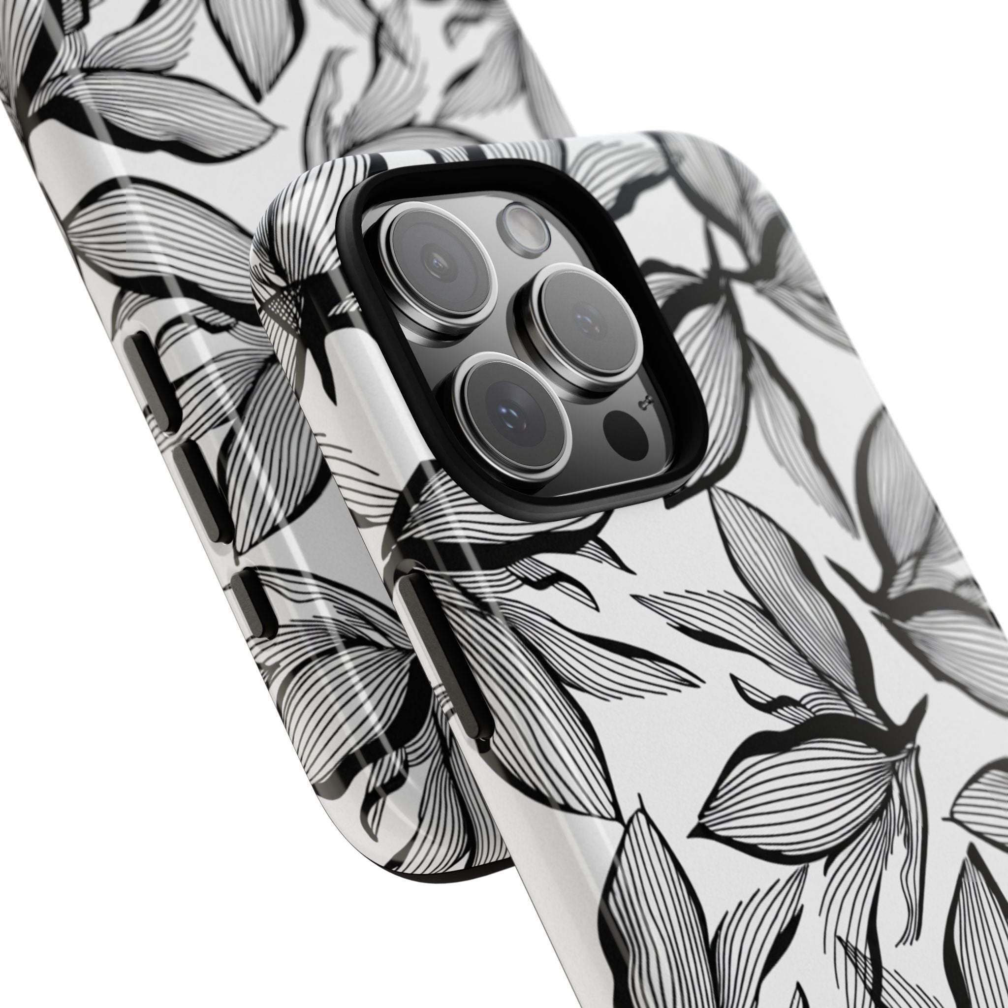 Floral Leaves Tough Phone Case – Black & White Botanical Protection