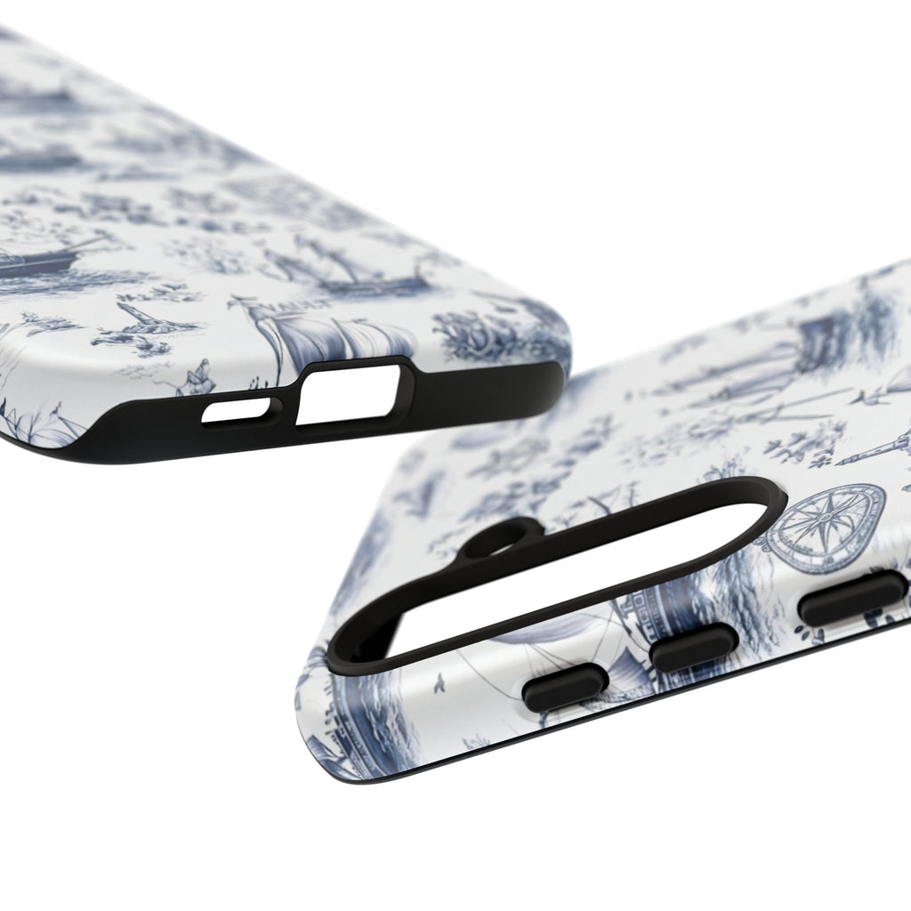 Nautical Vintage Ship Tough Phone Case — Blue Toile Sailboat Pattern