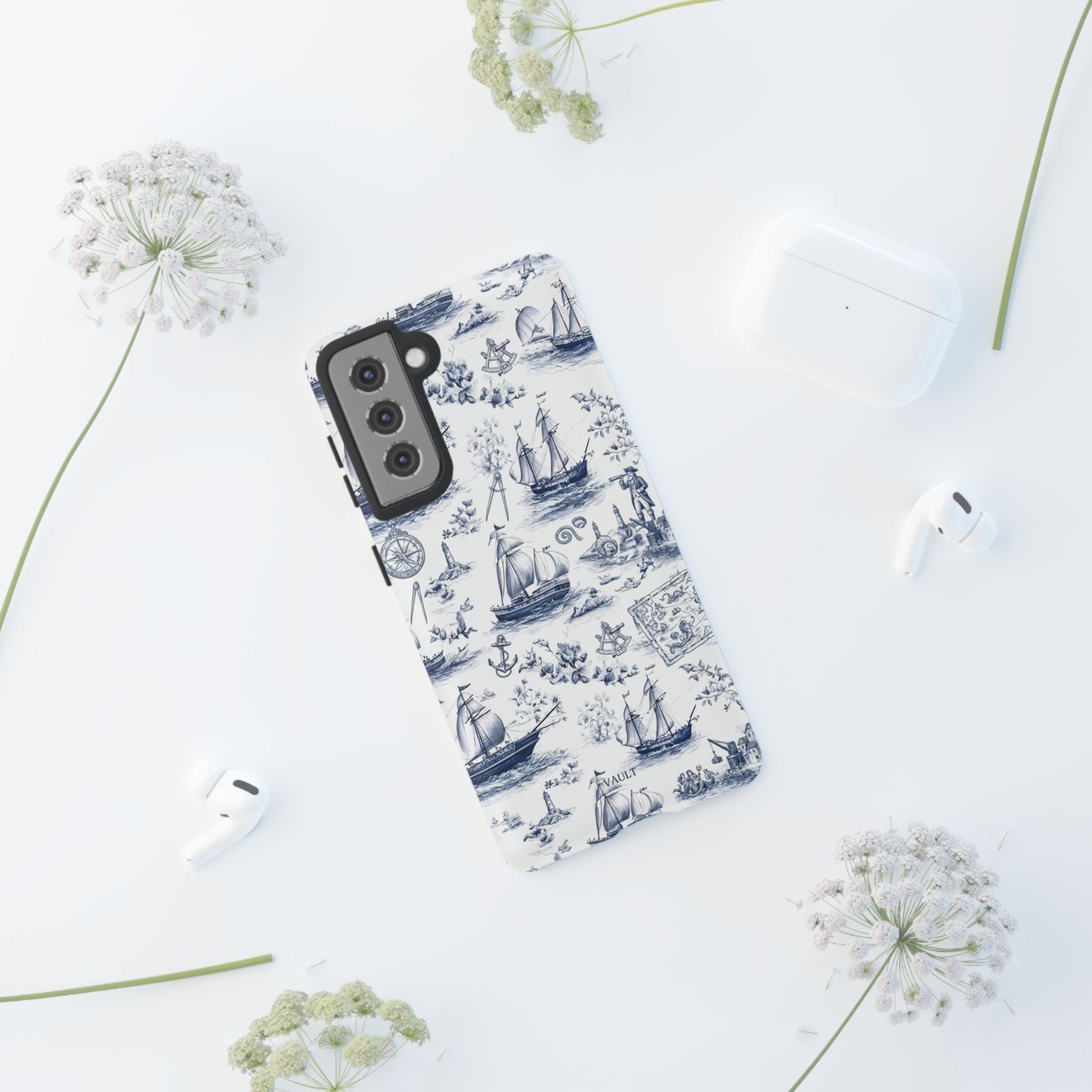 Nautical Vintage Ship Tough Phone Case — Blue Toile Sailboat Pattern