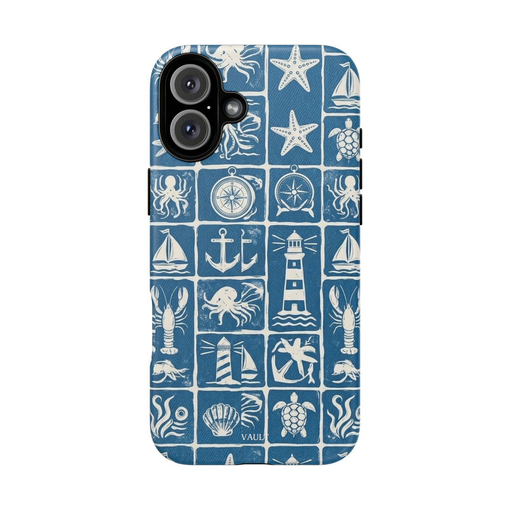 Nautical Tile Phone Case — Blue Coastal Icons (lighthouse, anchor, seashells)