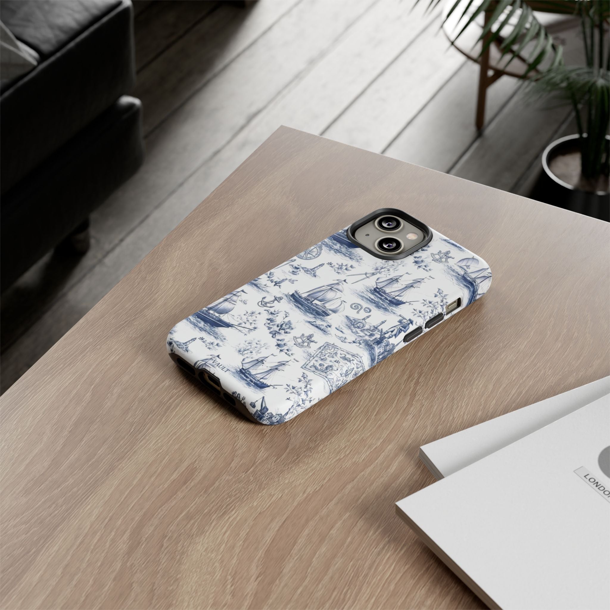 Nautical Vintage Ship Tough Phone Case — Blue Toile Sailboat Pattern