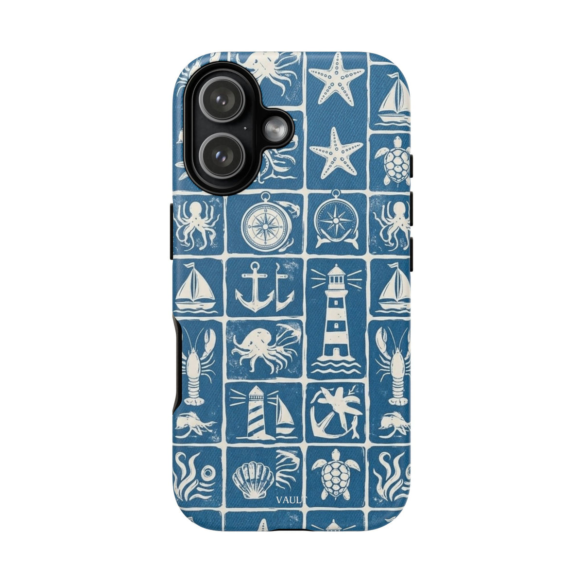 Nautical Tile Phone Case — Blue Coastal Icons (lighthouse, anchor, seashells)