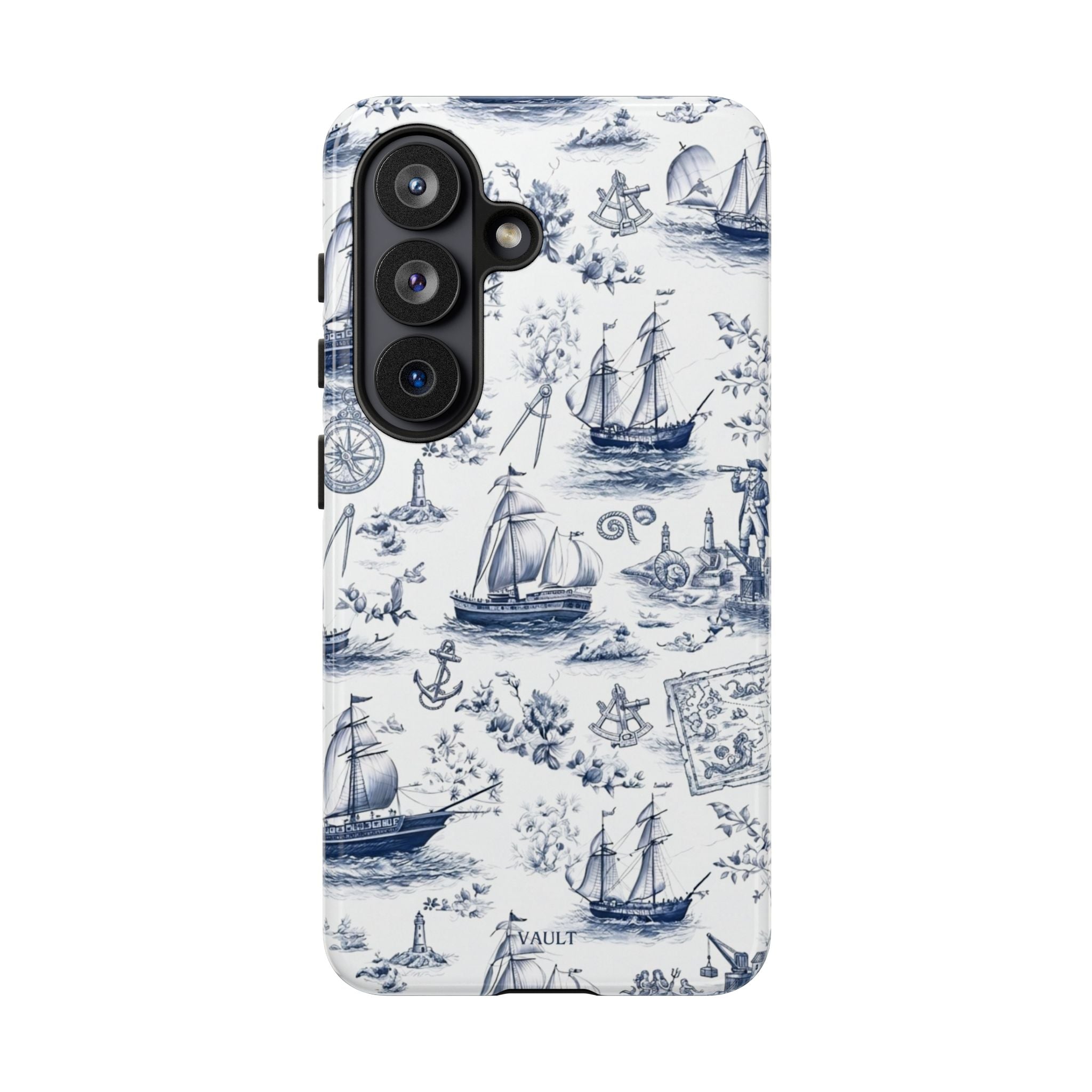 Nautical Vintage Ship Tough Phone Case — Blue Toile Sailboat Pattern