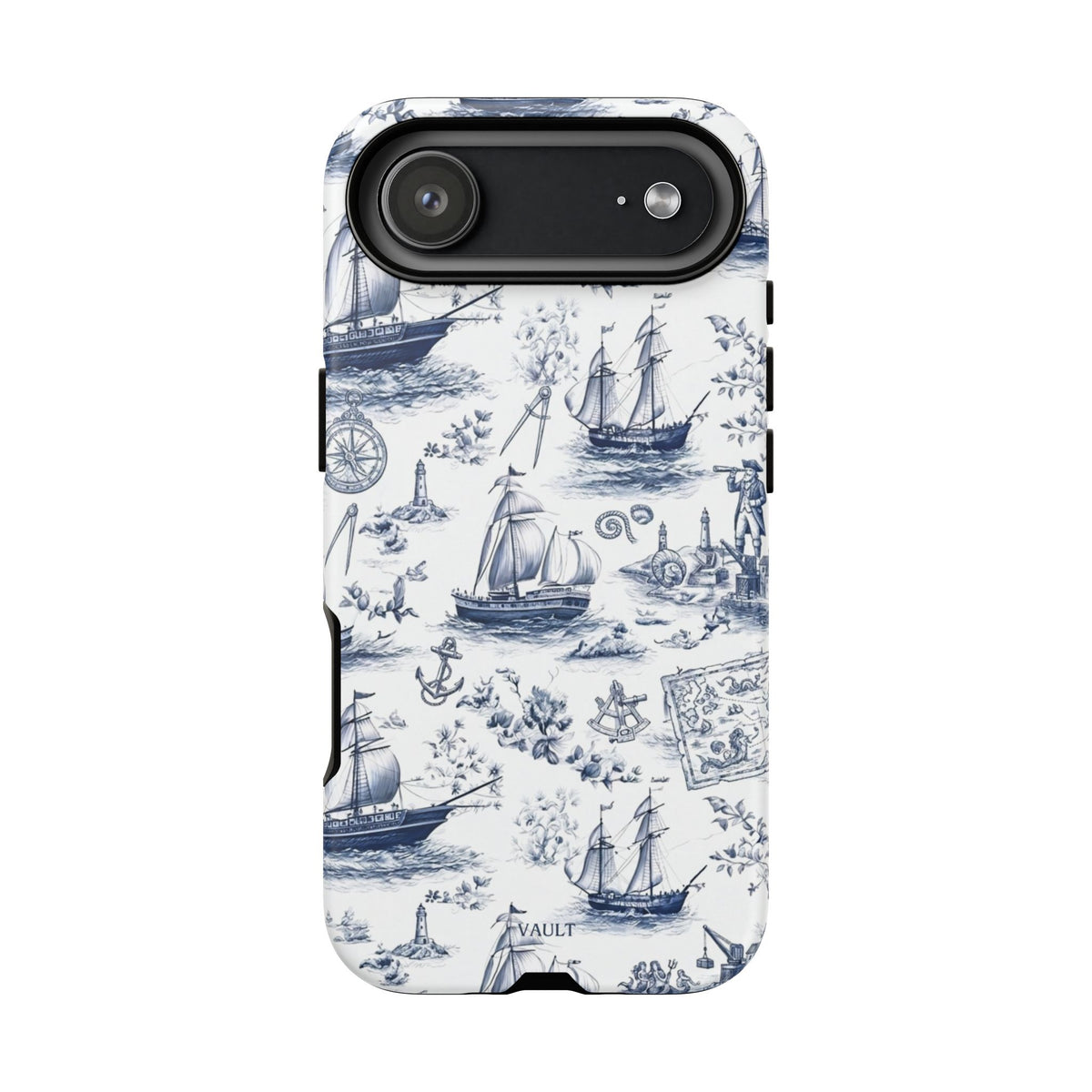 Nautical Vintage Ship Tough Phone Case — Blue Toile Sailboat Pattern