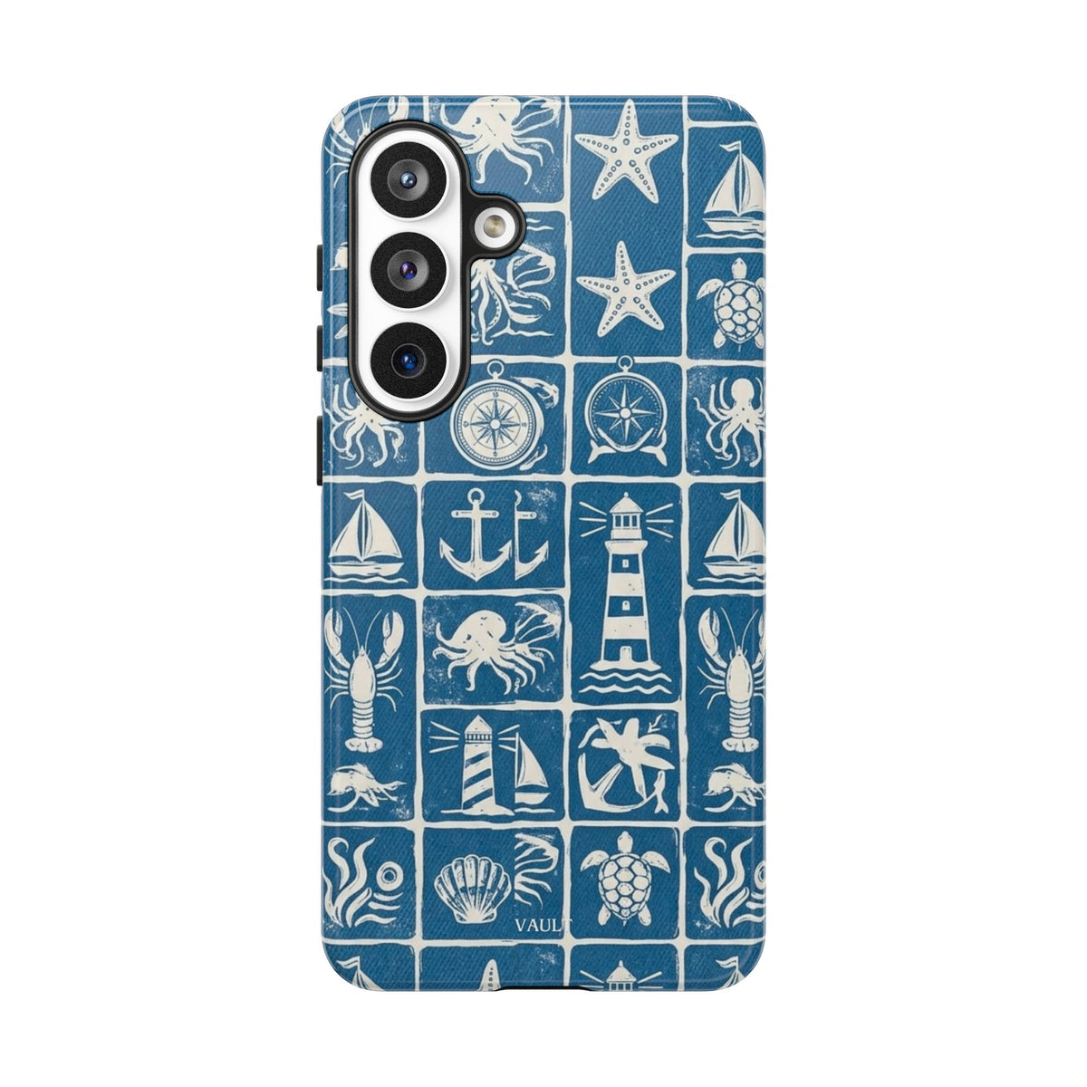 Nautical Tile Phone Case — Blue Coastal Icons (lighthouse, anchor, seashells)