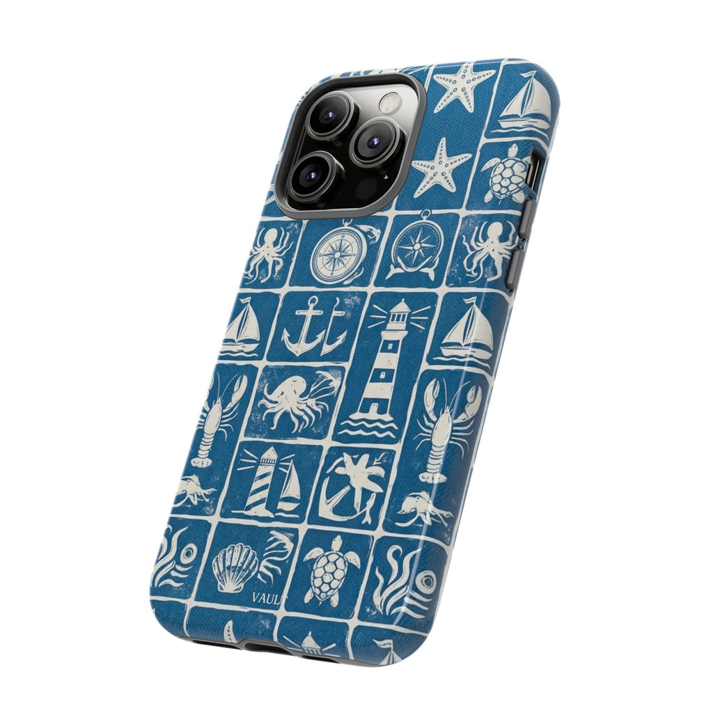Nautical Tile Phone Case — Blue Coastal Icons (lighthouse, anchor, seashells)