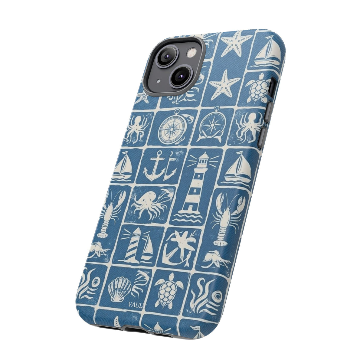 Nautical Tile Phone Case — Blue Coastal Icons (lighthouse, anchor, seashells)