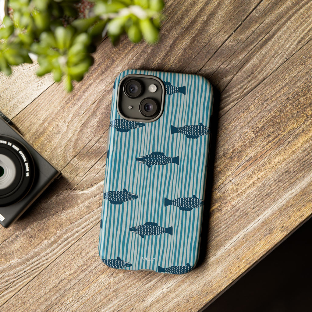 Fish Pattern Tough Phone Case — Blue Striped Ocean Design
