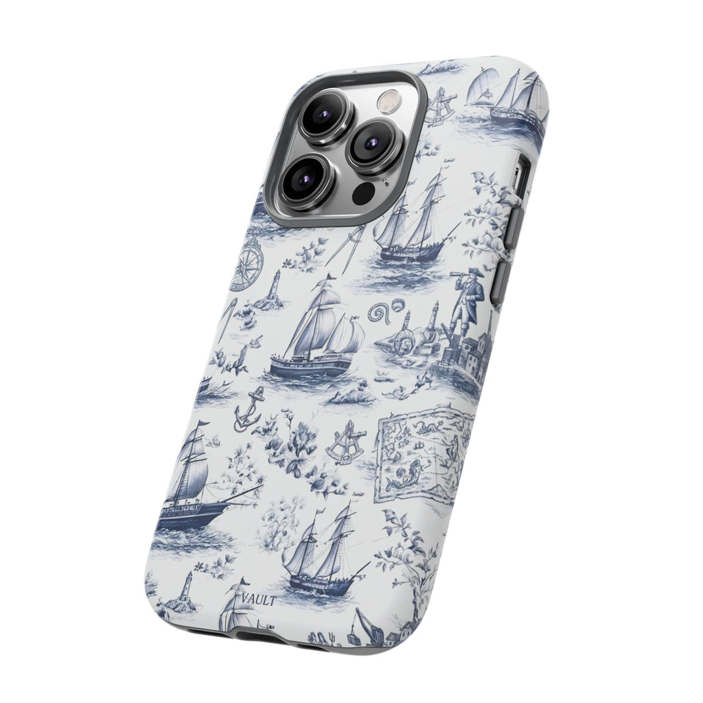 Nautical Vintage Ship Tough Phone Case — Blue Toile Sailboat Pattern