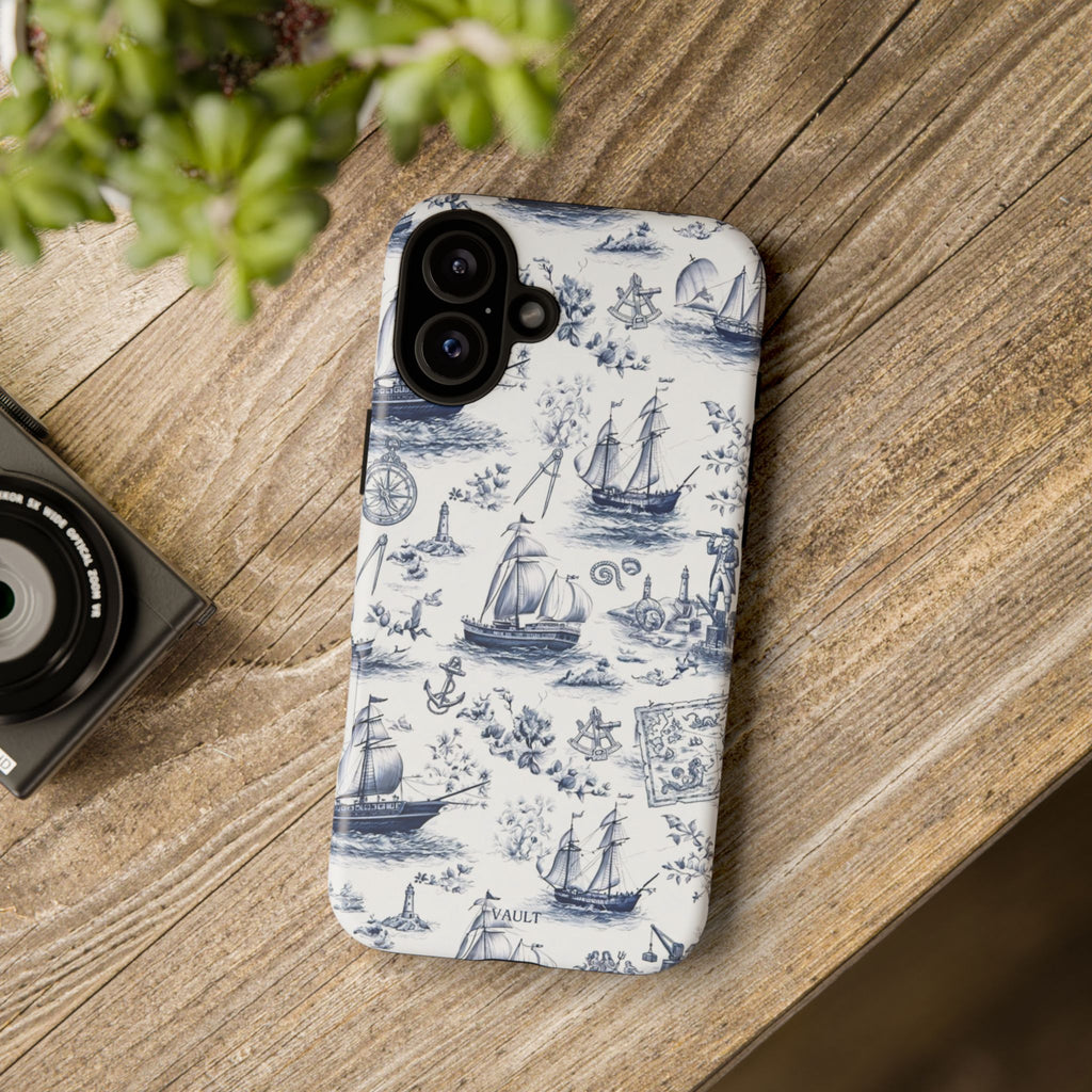 Nautical Vintage Ship Tough Phone Case — Blue Toile Sailboat Pattern