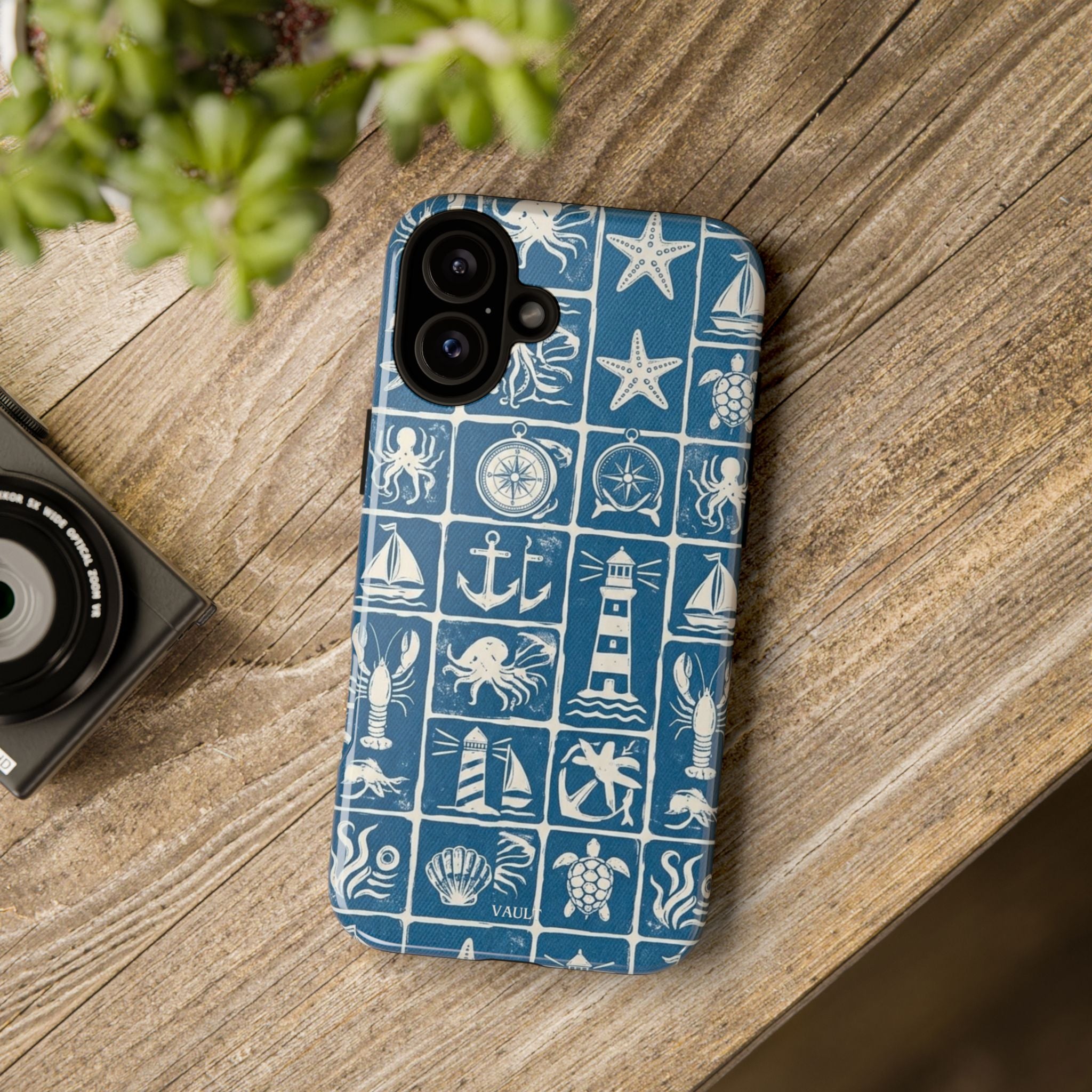 Nautical Tile Phone Case — Blue Coastal Icons (lighthouse, anchor, seashells)