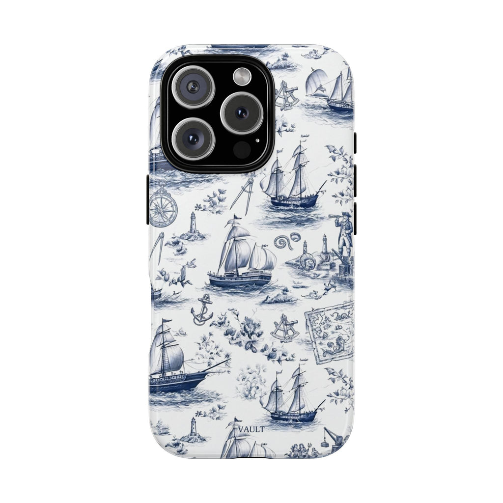 Nautical Vintage Ship Tough Phone Case — Blue Toile Sailboat Pattern