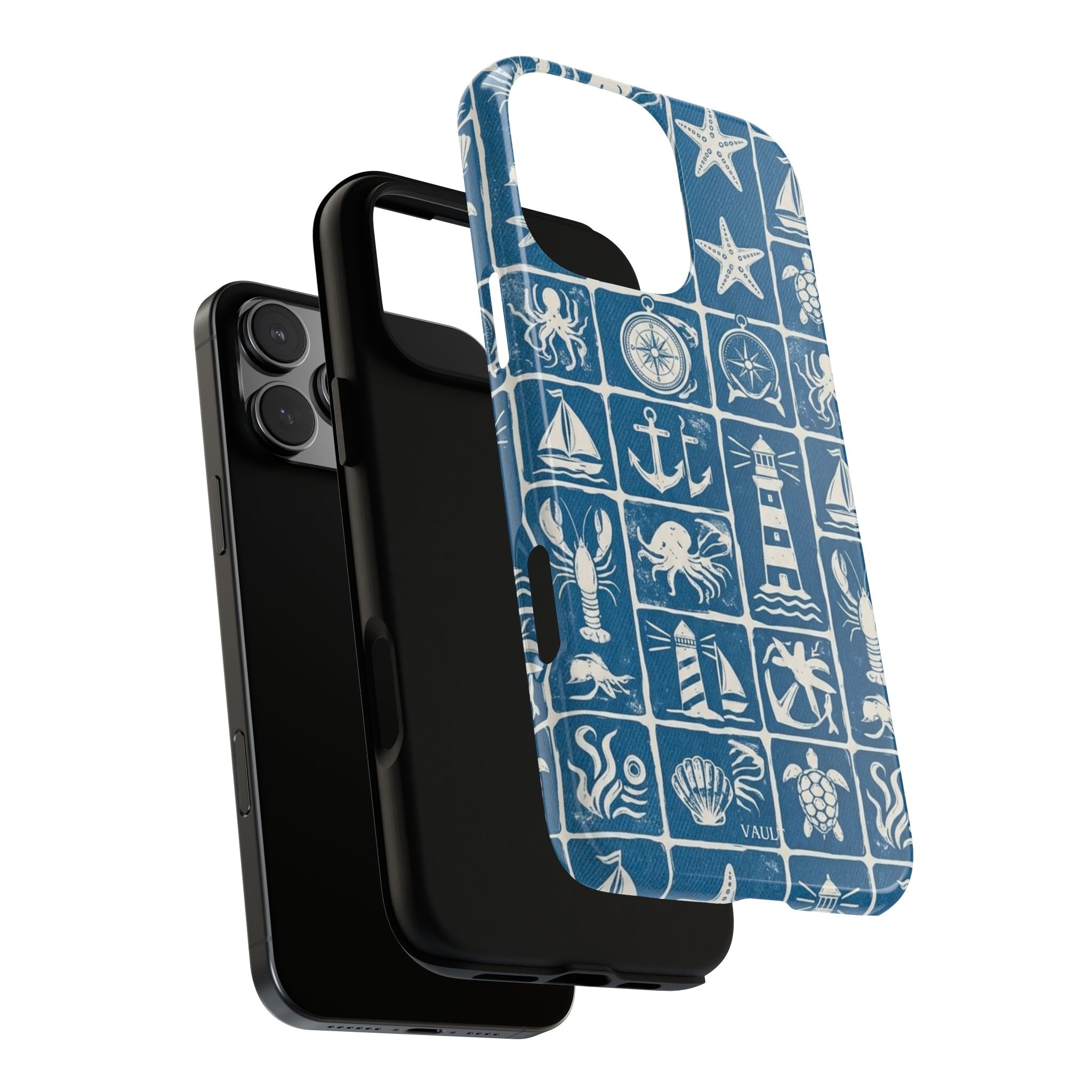 Nautical Tile Phone Case — Blue Coastal Icons (lighthouse, anchor, seashells)