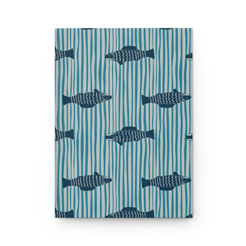 Fish Pattern Hardcover Journal — Nautical Blue Striped Notebook