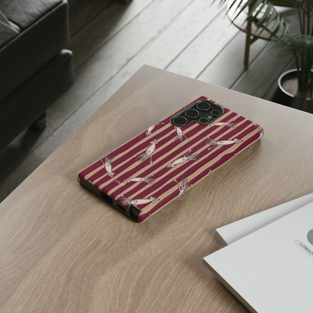 Phone Case - Vintage Shrimp Pattern on Burgundy Stripes