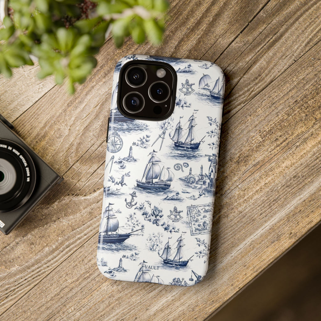 Nautical Vintage Ship Tough Phone Case — Blue Toile Sailboat Pattern