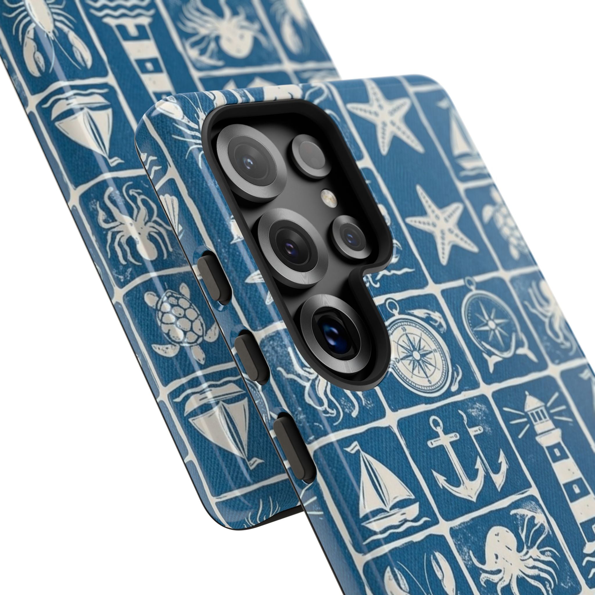 Nautical Tile Phone Case — Blue Coastal Icons (lighthouse, anchor, seashells)