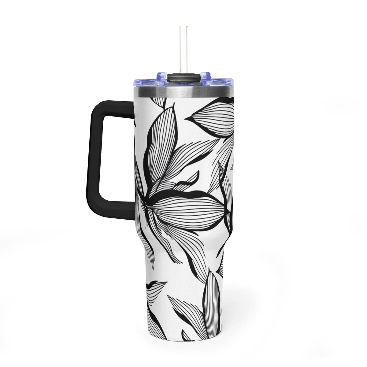 40oz Floral Thermal Tumbler – Black & White Leaf Pattern Vacuum Insulated