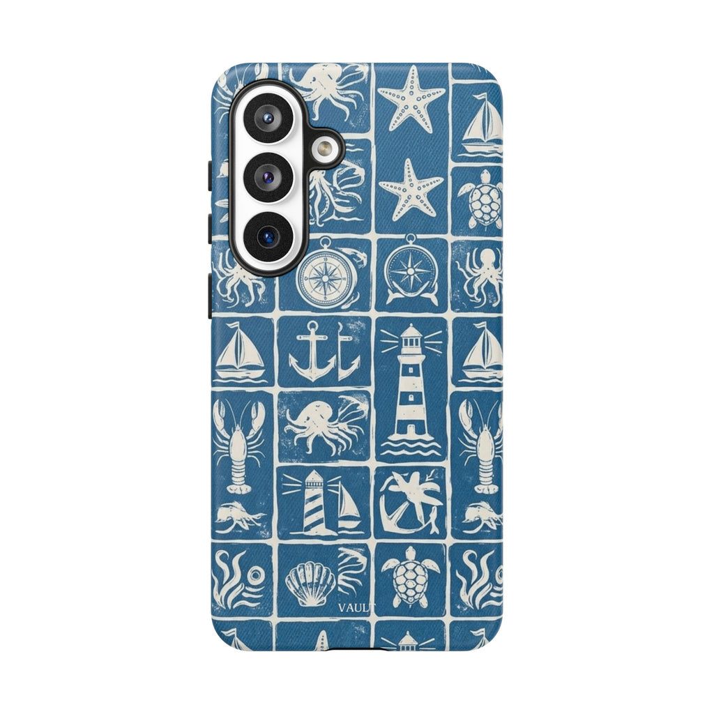 Nautical Tile Phone Case — Blue Coastal Icons (lighthouse, anchor, seashells)