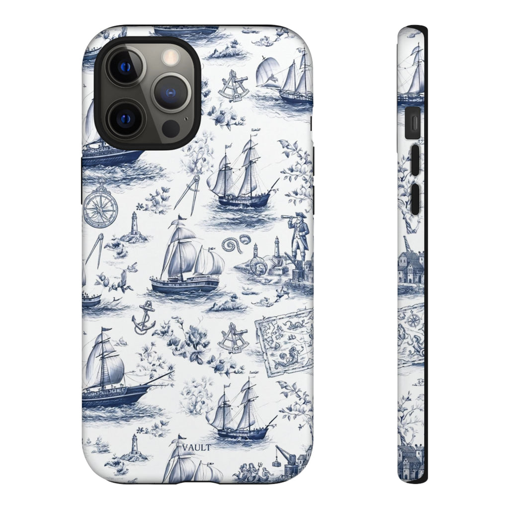 Nautical Vintage Ship Tough Phone Case — Blue Toile Sailboat Pattern