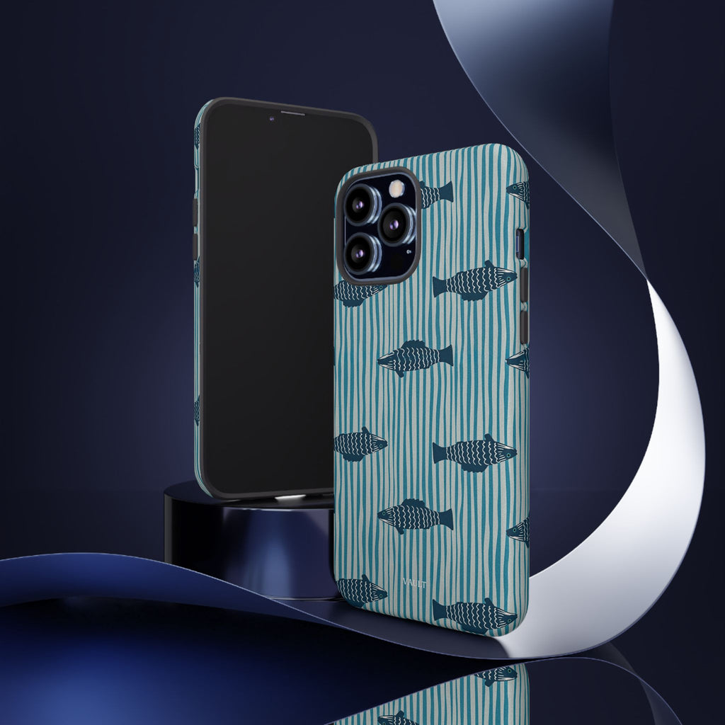 Fish Pattern Tough Phone Case — Blue Striped Ocean Design