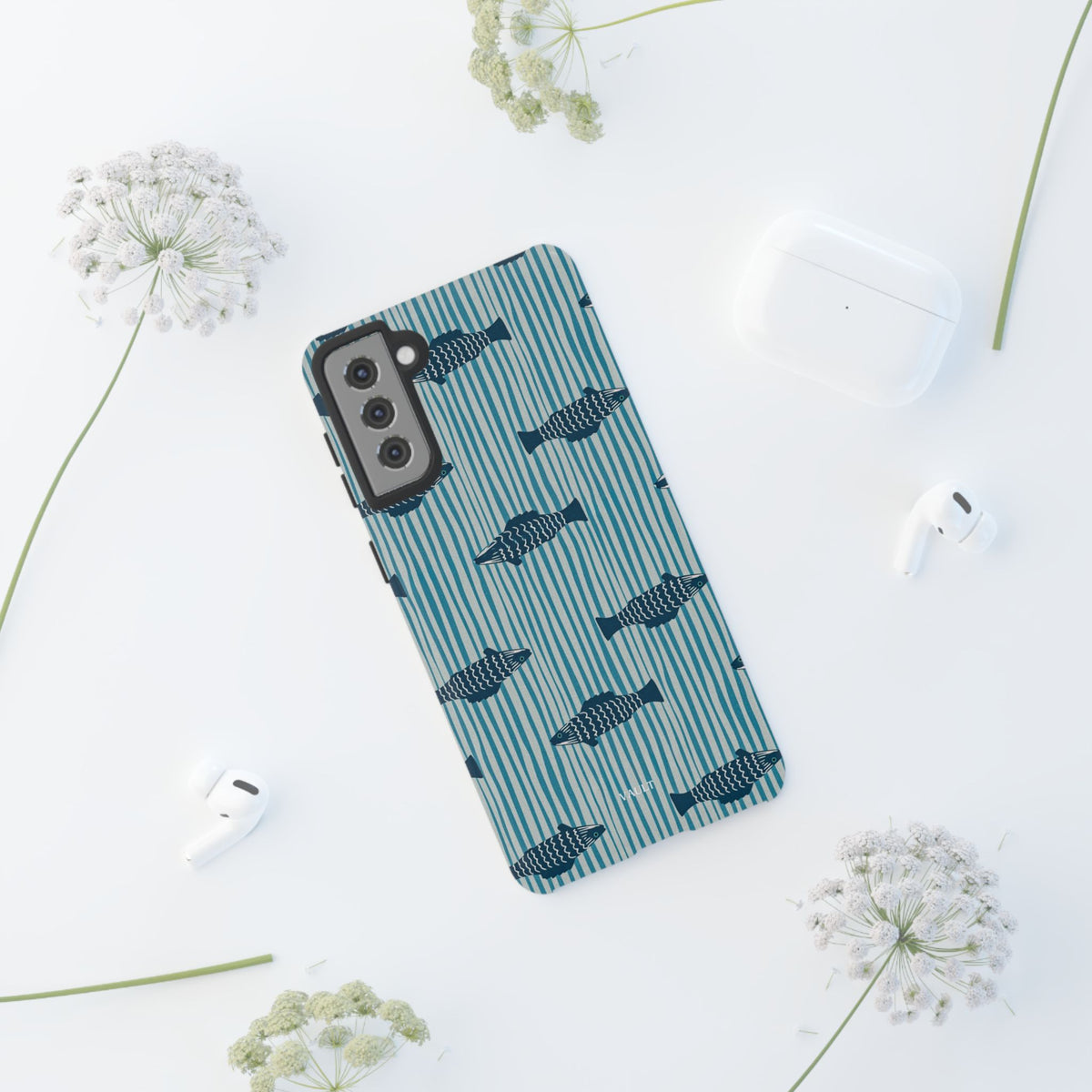 Fish Pattern Tough Phone Case — Blue Striped Ocean Design