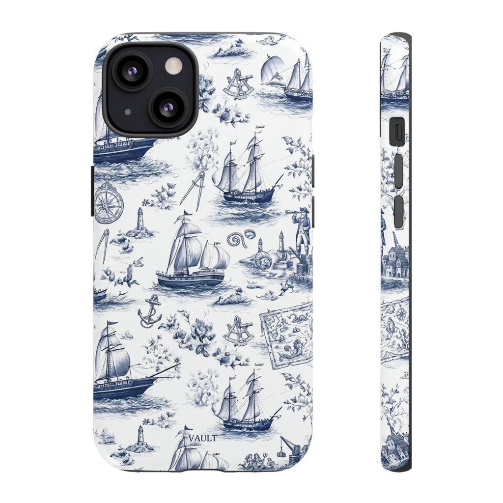 Nautical Vintage Ship Tough Phone Case — Blue Toile Sailboat Pattern